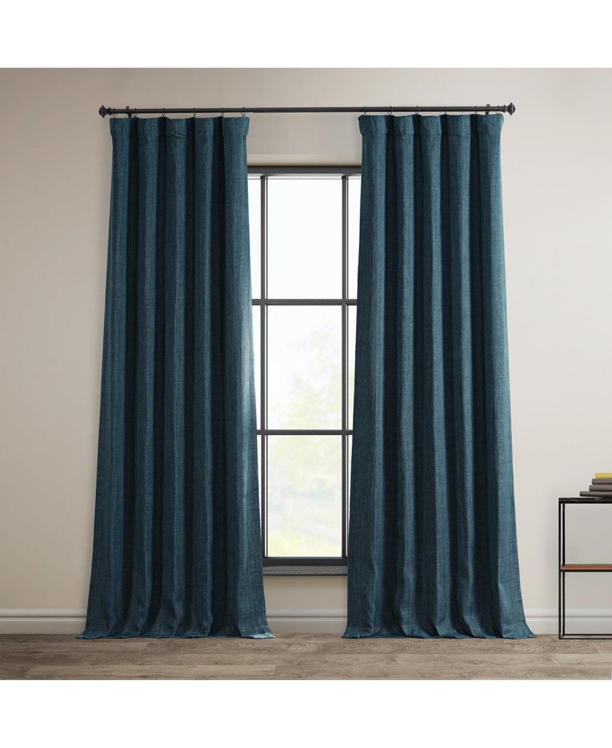 Half Price Drapes Story Blue Textured Faux Linen Room Darkening Curtain In Blue