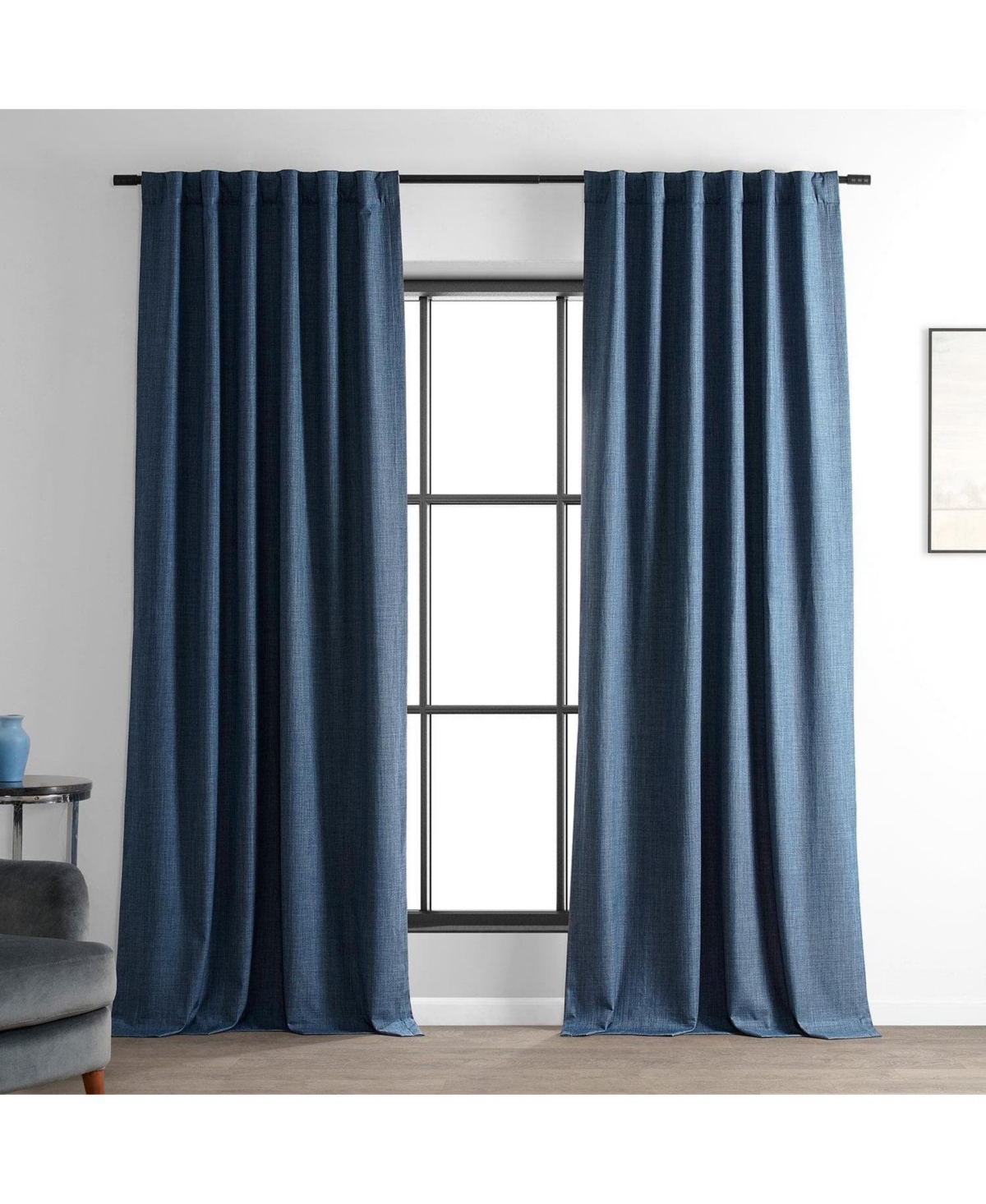 Half Price Drapes Dark Blue Performance Linen Hotel Blackout Curtain In Blue
