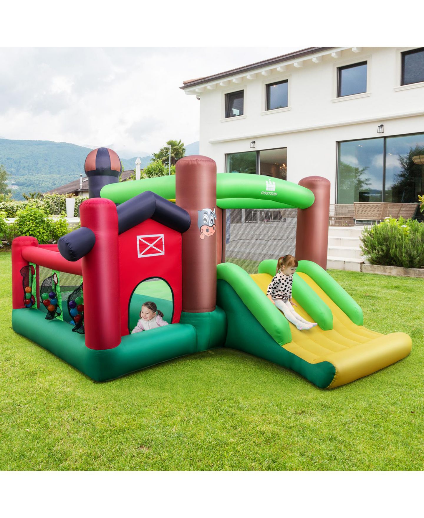 Детские игрушки Slickblue Farm Themed 6-in-1 Inflatable Castle with Dual Slides & Splash Pool, от 3 лет, цвет: Зелёный — фото 2