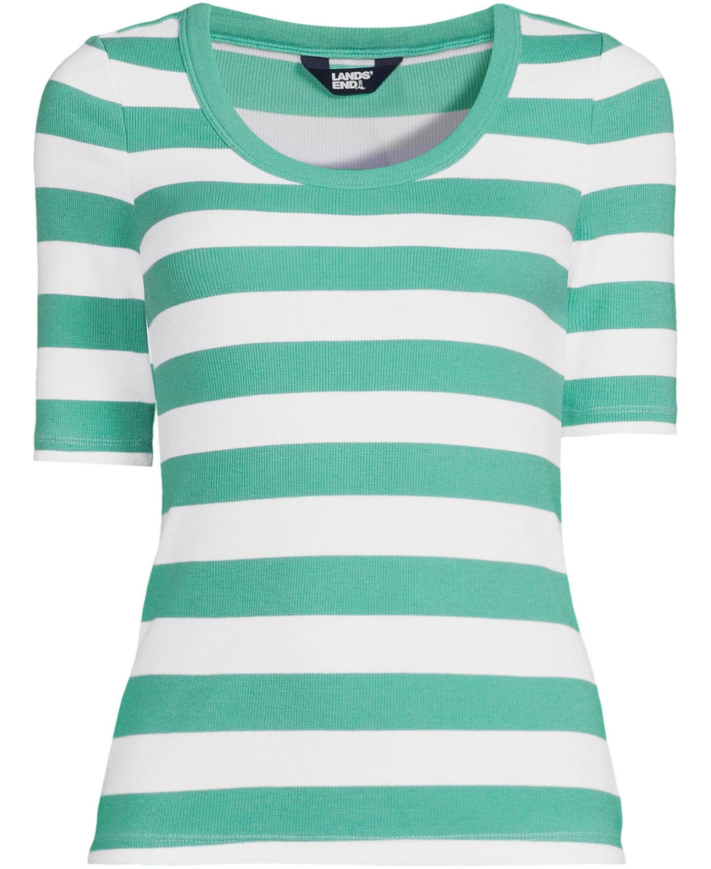 Женская футболка Lands' End Plus Size Drapey Rib Fitted Elbow Sleeve Scoop Neck, цвет: Зелёный полосатый — фото 3