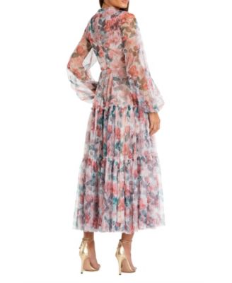 Women's Long Sleeve High Neck Long Balloon Sleeve Midi Dress