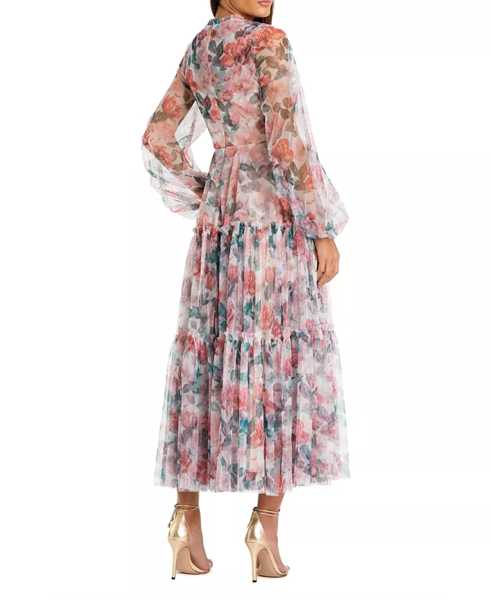 Women's Long Sleeve High Neck Long Balloon Sleeve Midi Dress - thumbnail 8