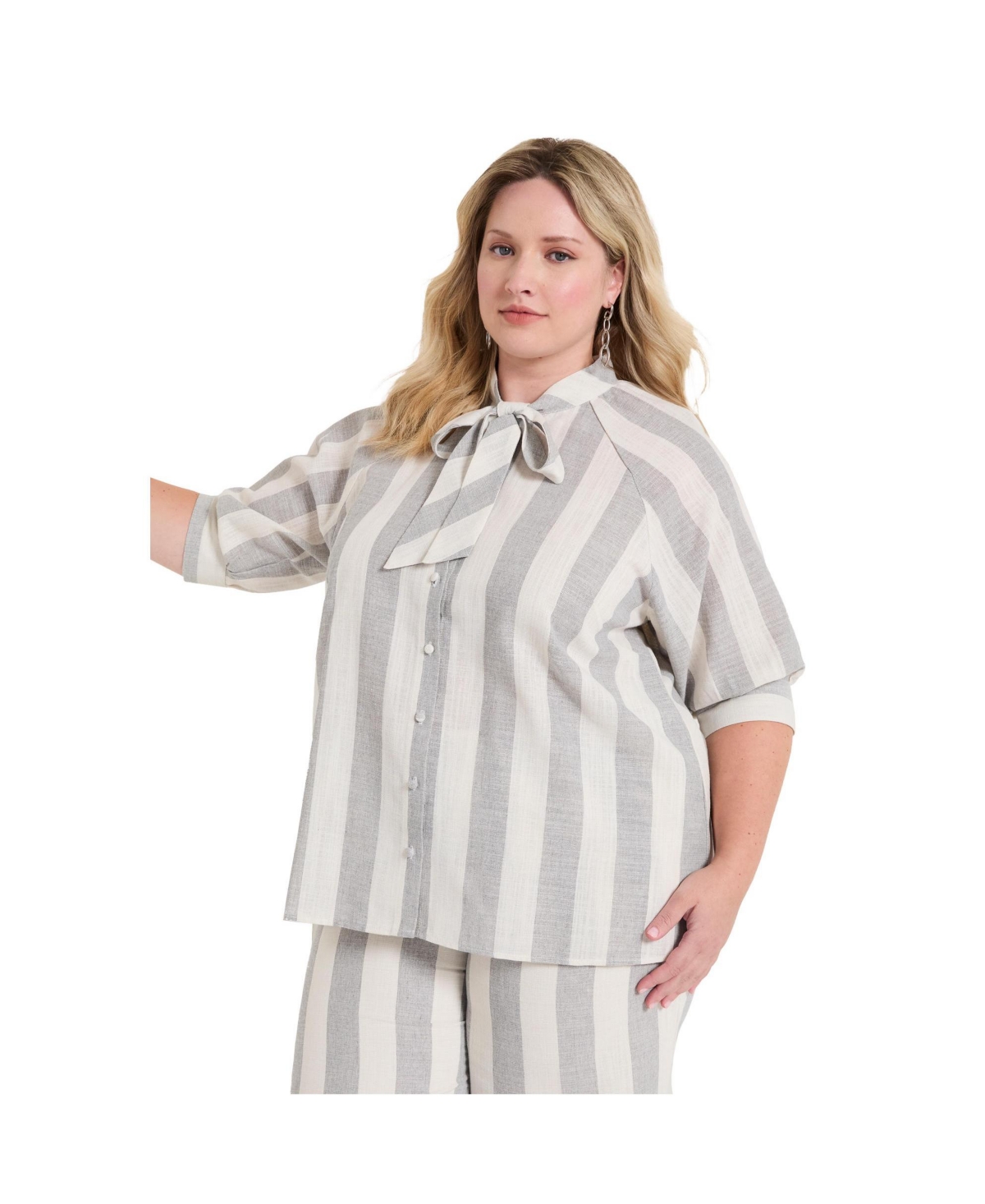 Plus Size June + Vie Tie-Neck Button-Down Blouse - Stripe