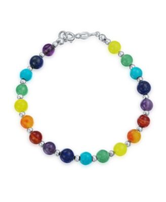 Spiritual Multicolor Colorful Compressed Turquoise Yoga Beads Strand Chakra Bracelets Meditation Relax .925 Sterling Silver Bead Lobster Clasp 7, 7.5