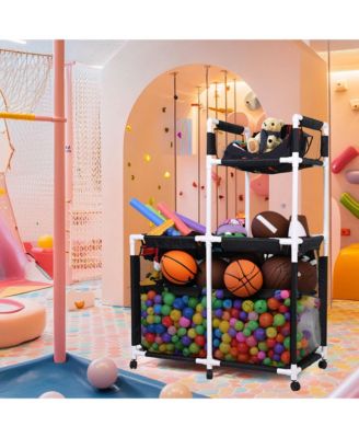 Extra Large Mesh Pool Storage Bin Noodles Holder Toys Organizer,Rolling 6 Wheels,Double Decker Cart