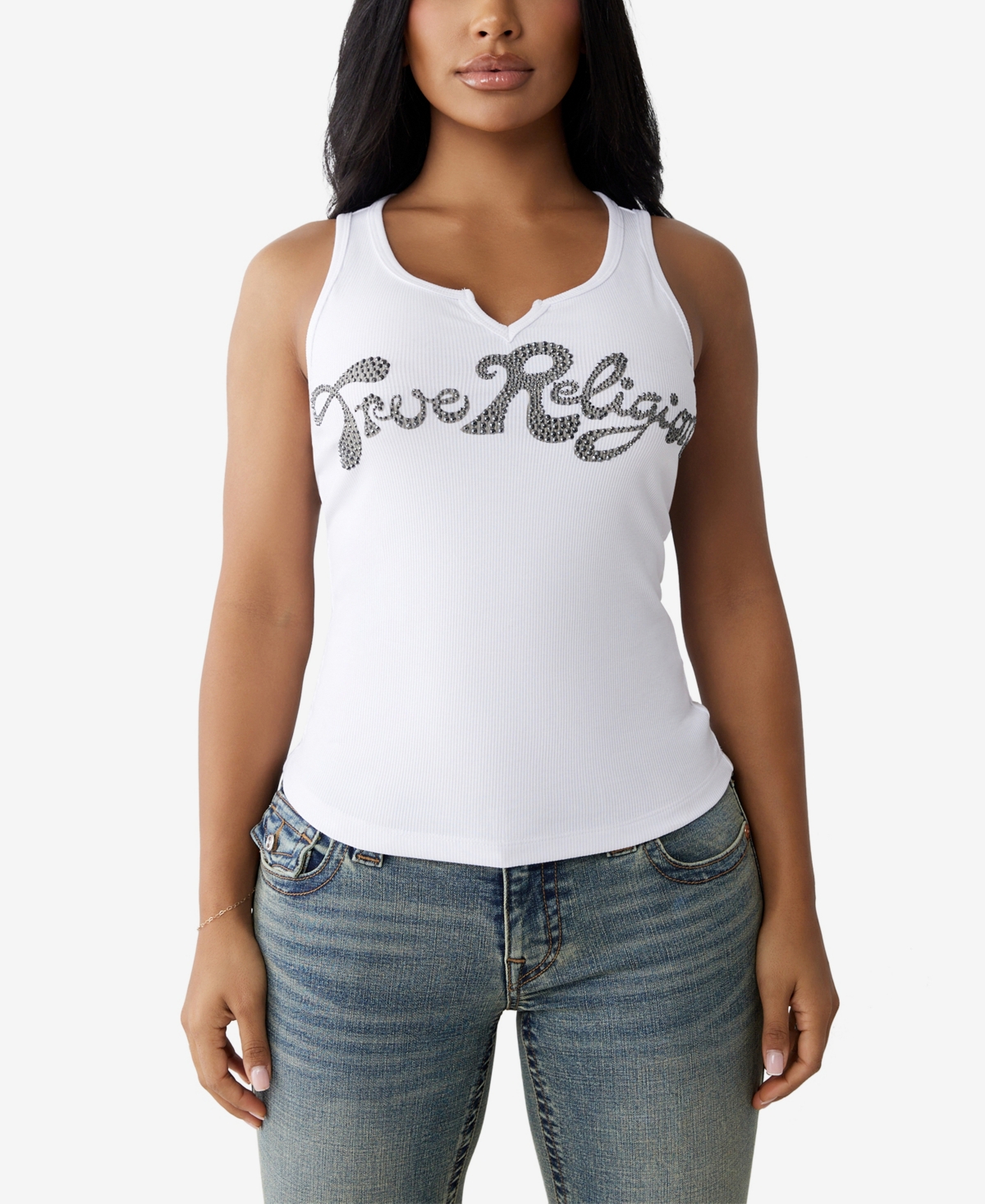TRUE RELIGION WOMEN'S CRYSTAL LOGO V NOTCH TANK 