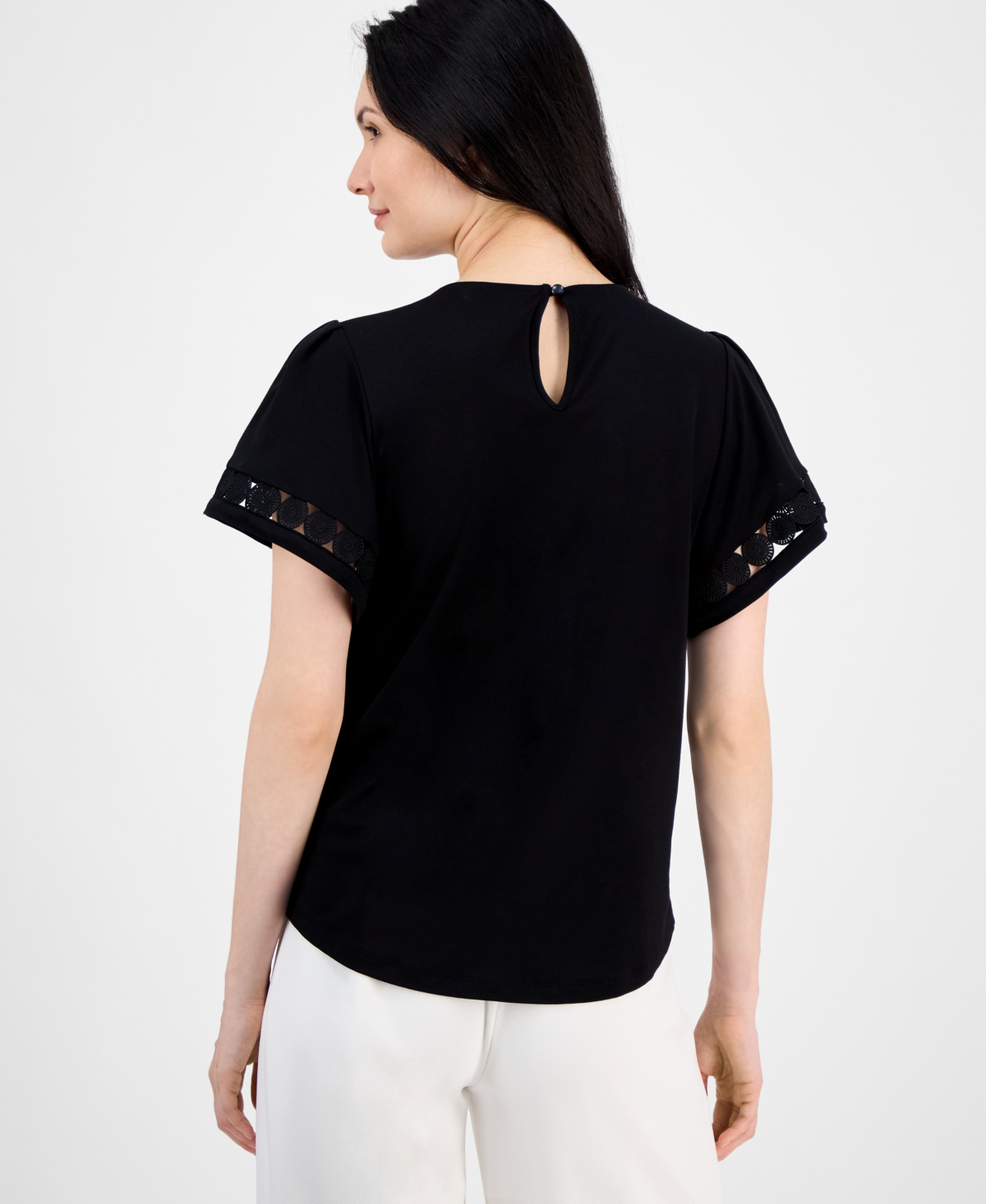 Anne Klein Women's Harmony Keyhole-neck Flutter-sleeve Top In Anne Black
