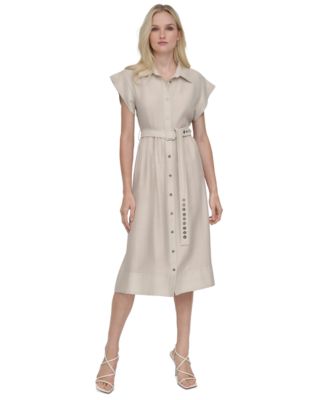DKNY - Women's Spread-Collar Button-Front Tie-Waist Dress