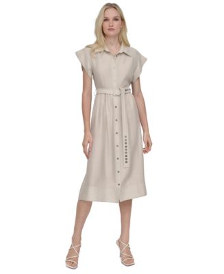 DKNY ★【フレアドレス】Tie Waist Shirtdress DKNY Women's Spread-Collar Button-Front Tie-Waist Dress - Macy's