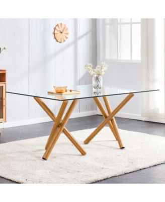 Simplie Fun Large Modern Minimalist Rectangular Glass Dining Table for 6-8 with 0.39" Tempered Glass Tabletop and Wood Color Metal Legs, for Kitchen Dining Living Meeting Room Banquet hall