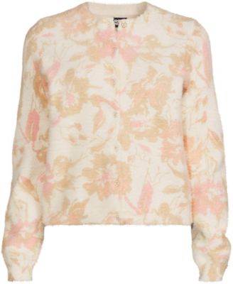 Women's Fine Gauge Eyelash Cardigan Printed Sweater - Set Top