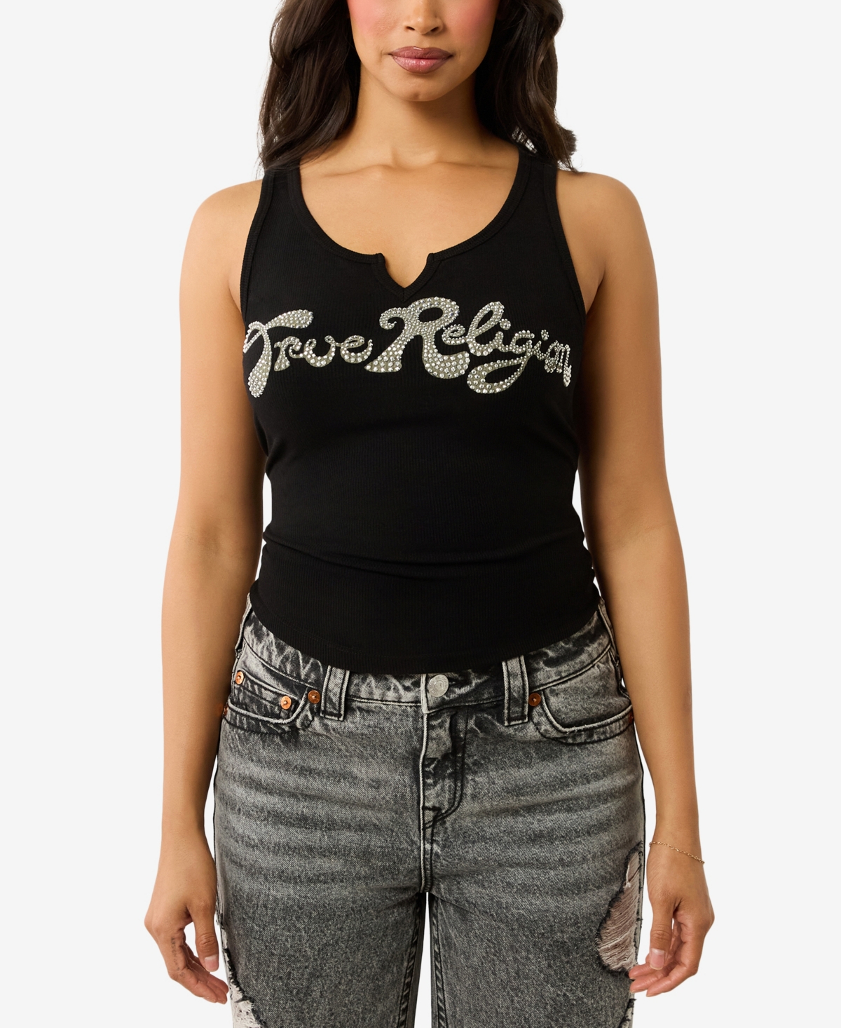 TRUE RELIGION WOMEN'S CRYSTAL LOGO V NOTCH TANK 