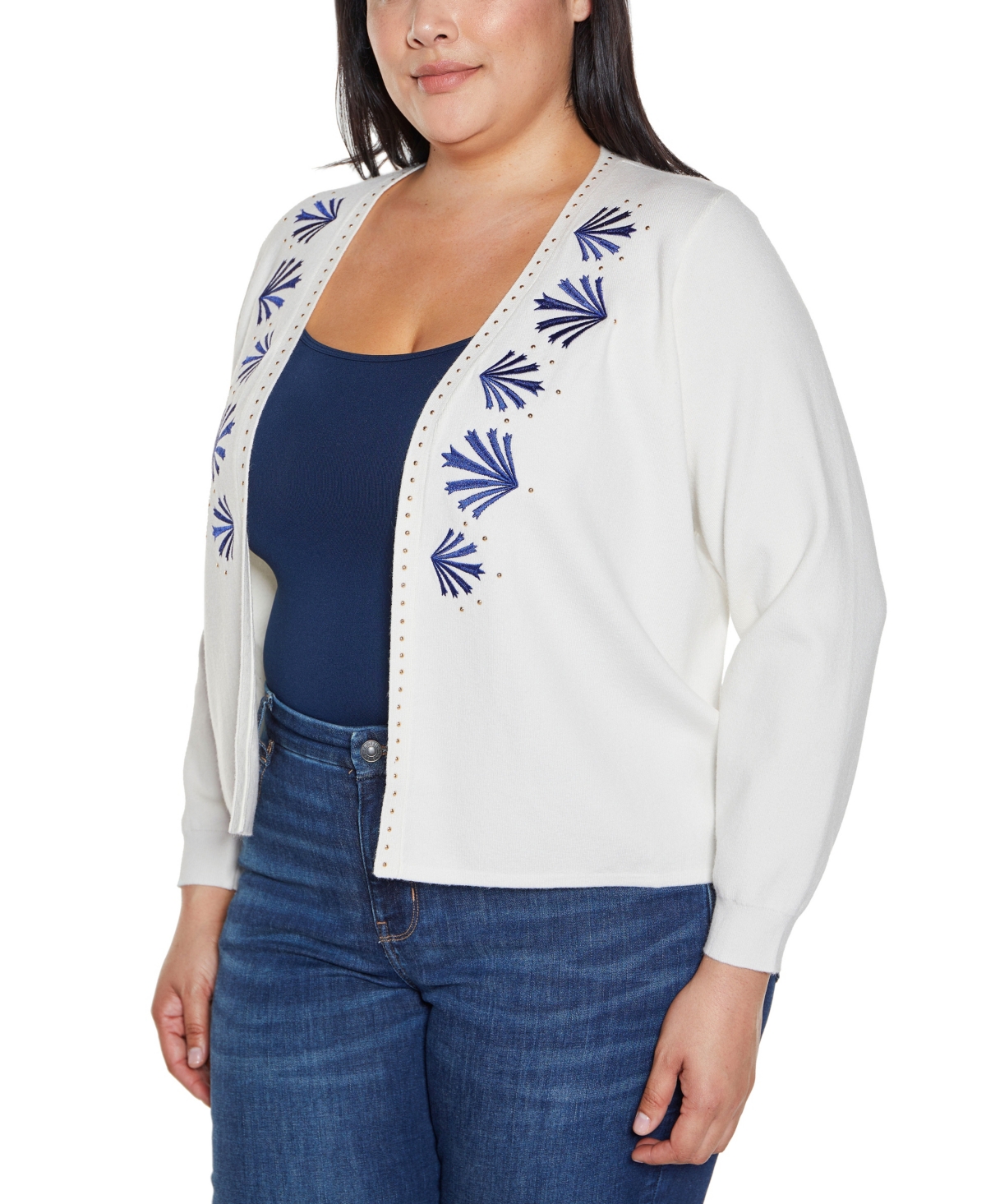 BELLDINI PLUS SIZE BLACK LABEL EMBROIDERED DROP-SHOULDER OPEN-FRONT CARDIGAN SWEATER 