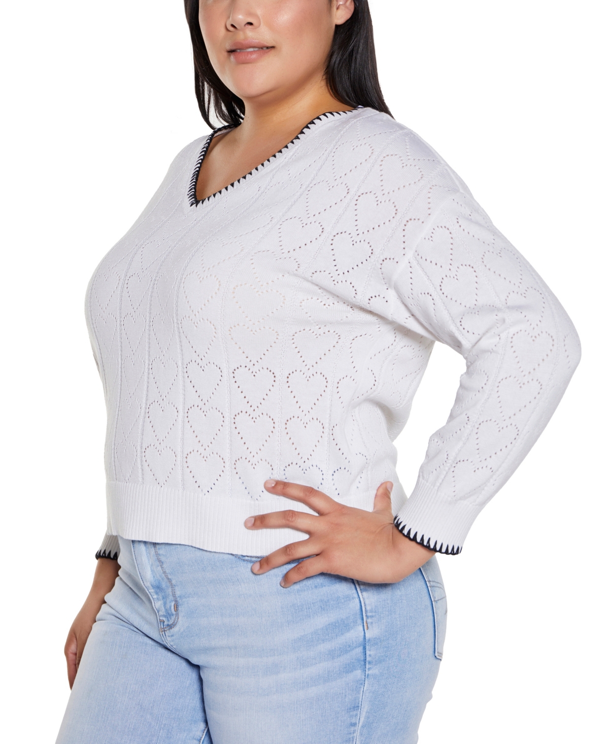 BELLDINI PLUS SIZE HEART POINTELLE PULLOVER SWEATER 