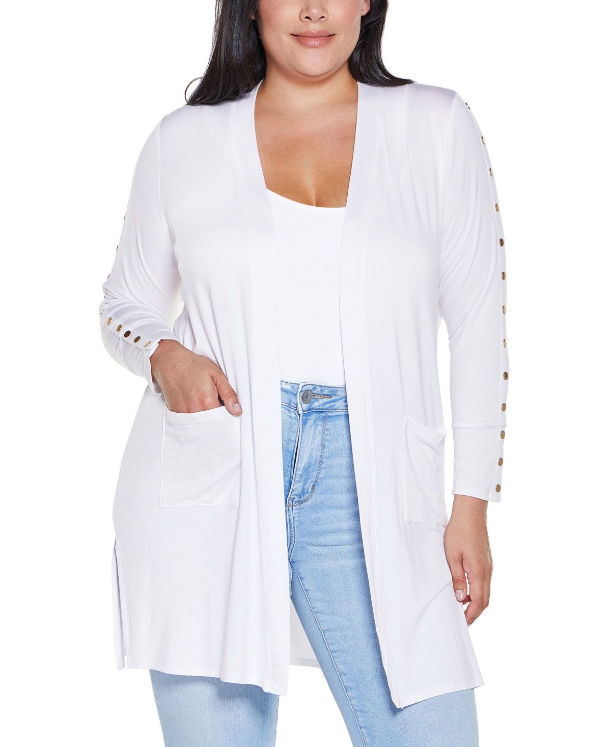 BELLDINI PLUS SIZE BLACK LABEL EMBELLISHED SLEEVE KNIT OPEN CARDIGAN SWEATER 