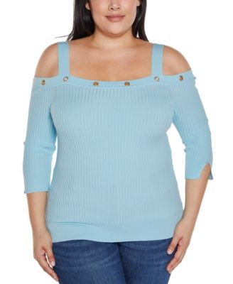 Plus Size Black Label  Rhinestone Grommet Cold-Shoulder Sweater