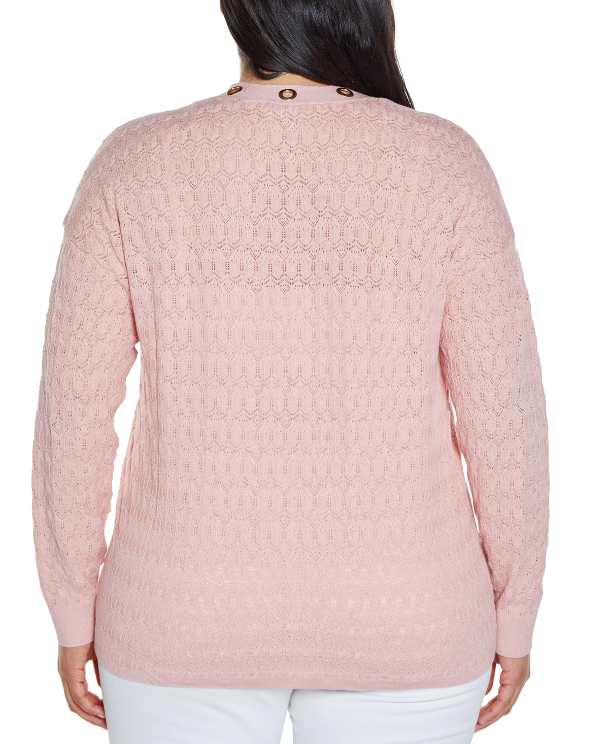 BELLDINI PLUS SIZE BLACK LABEL POINTELLE AND GROMMET OPEN CARDIGAN SWEATER 