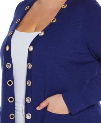 Plus Size Black Label Rhinestone Grommet Open-Front Cardigan Sweater