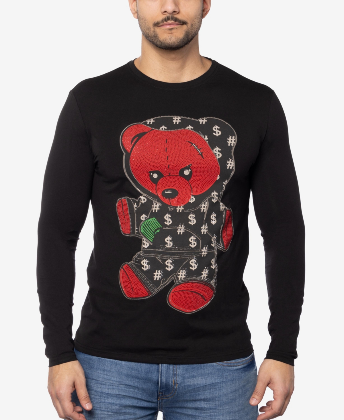 Men's Teddy Bear Rhinestone Graphic Long Sleeves T-Shirts - Black