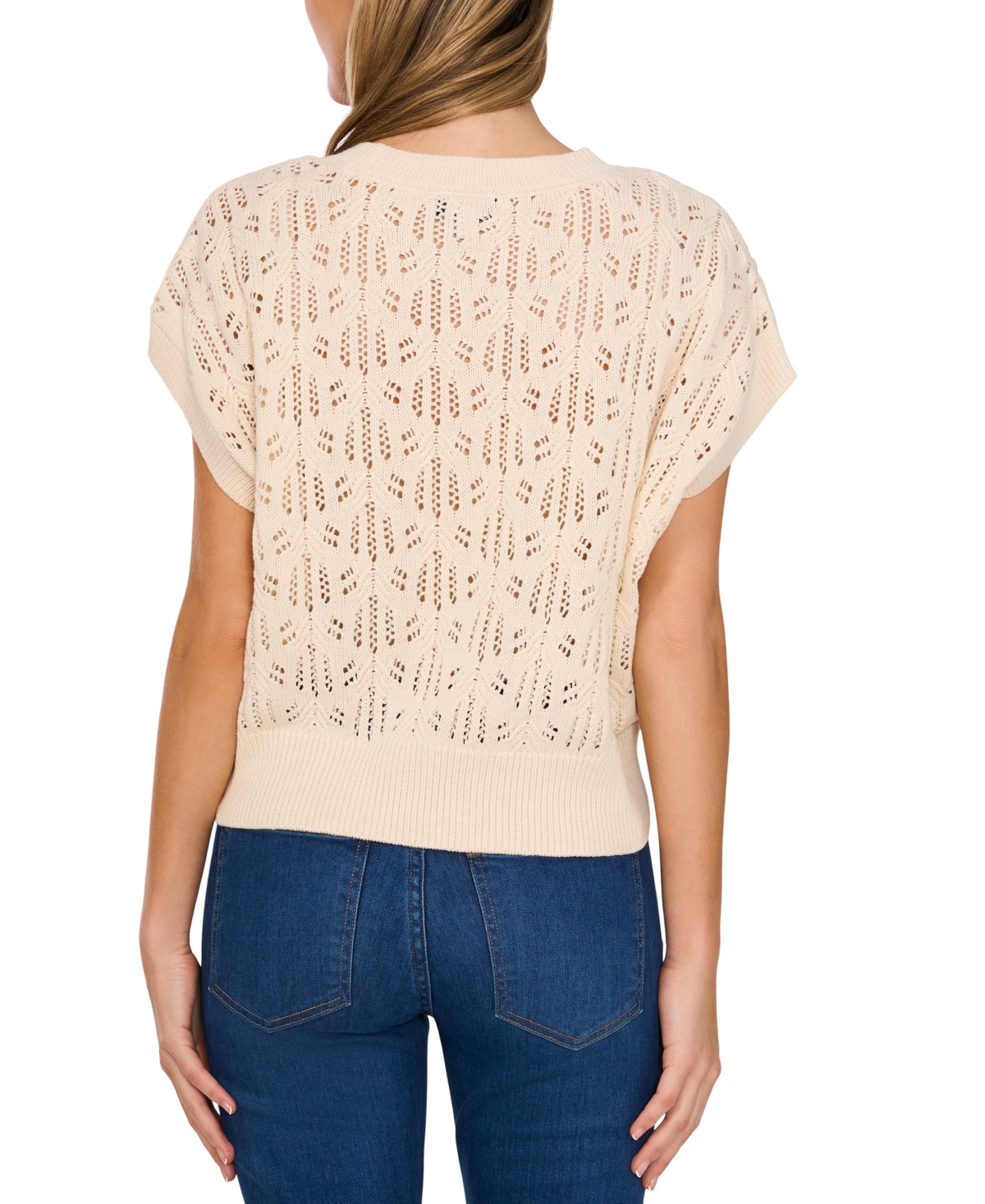 Cece Pointelle Short Sleeve Sweater In Birch