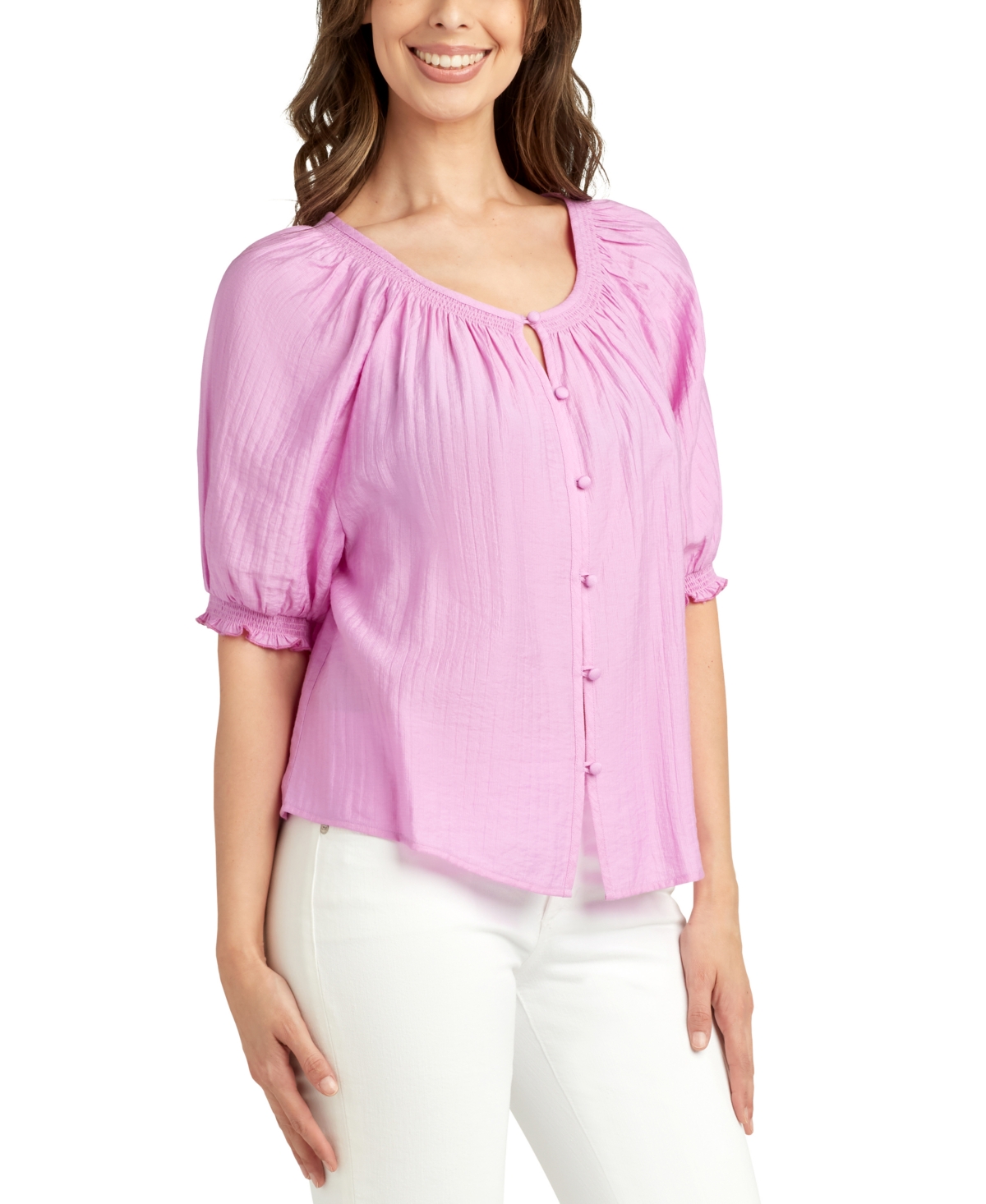Bcx Juniors' Puff-sleeve Button-front Knit Top In Orchid