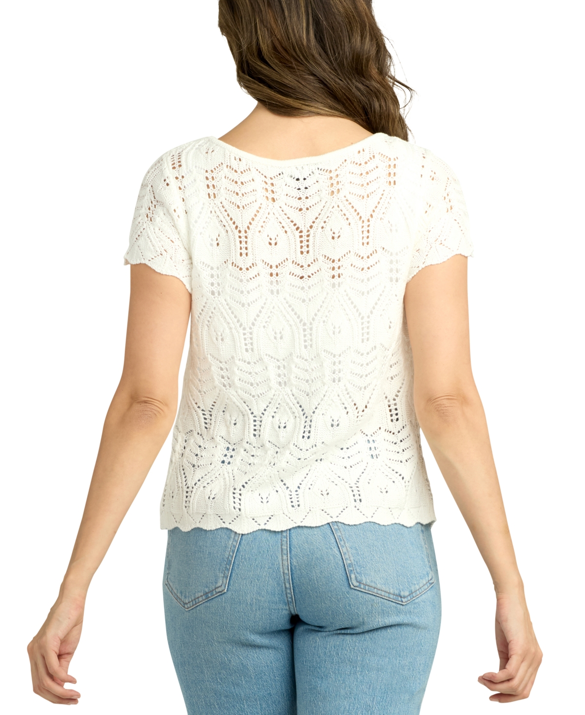 Bcx Juniors' Scalloped Pointelle Short-sleeve Cardigan In Off White