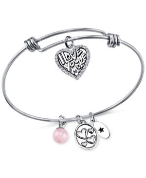 Unwritten I Love You More Charm and Cherry Quartz 8mm Bangle Bracelet in Stainless Steel