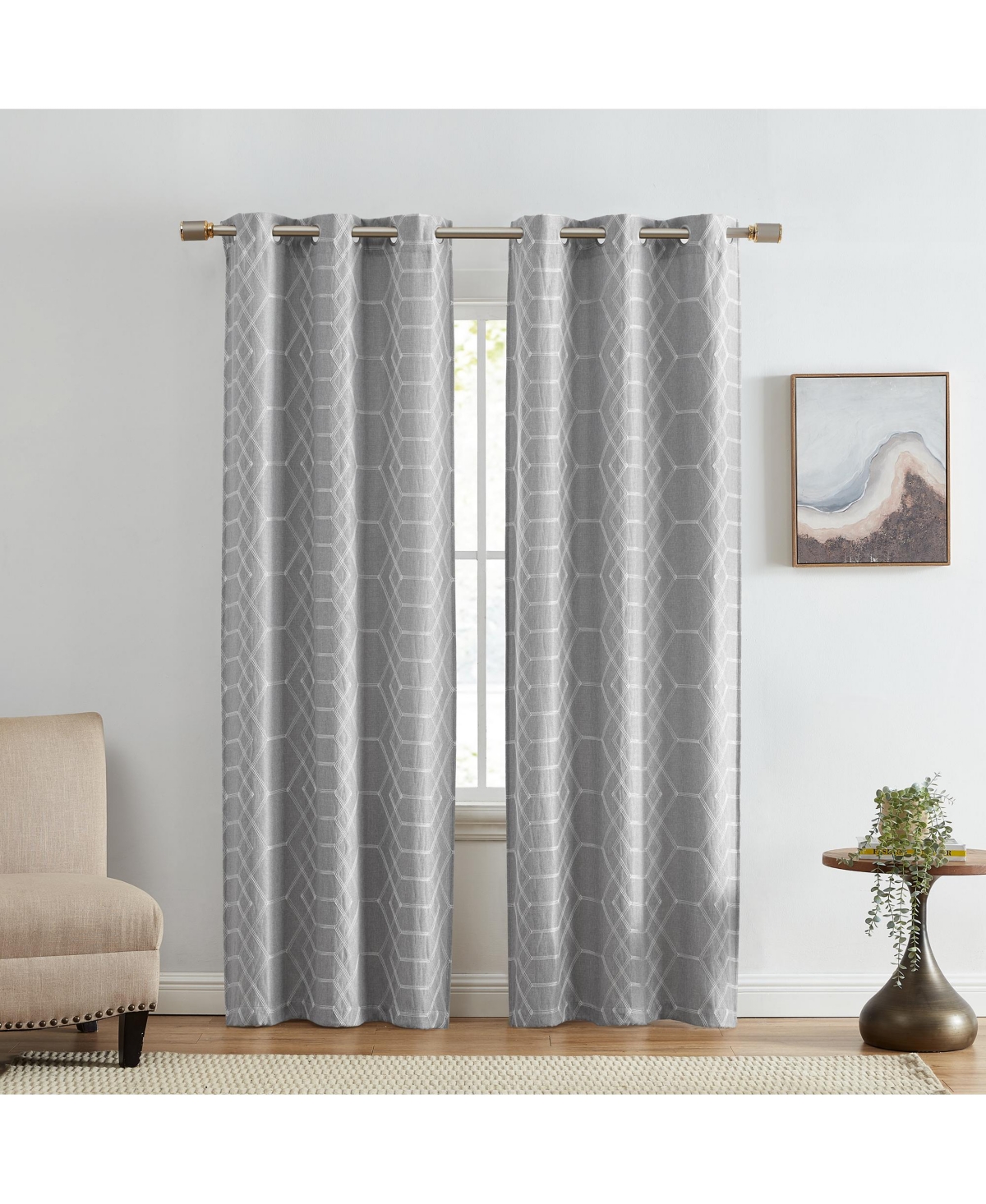 Kendal Geometric Embroidered Blackout Window Curtain Panel, Set of 2 - Gray