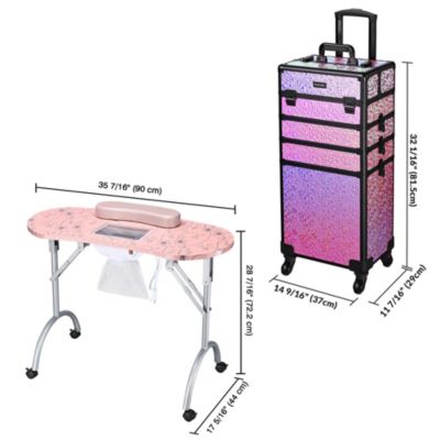 Folding Manicure Nail Table 4in1 Rolling Makeup Case Mermaid Pink