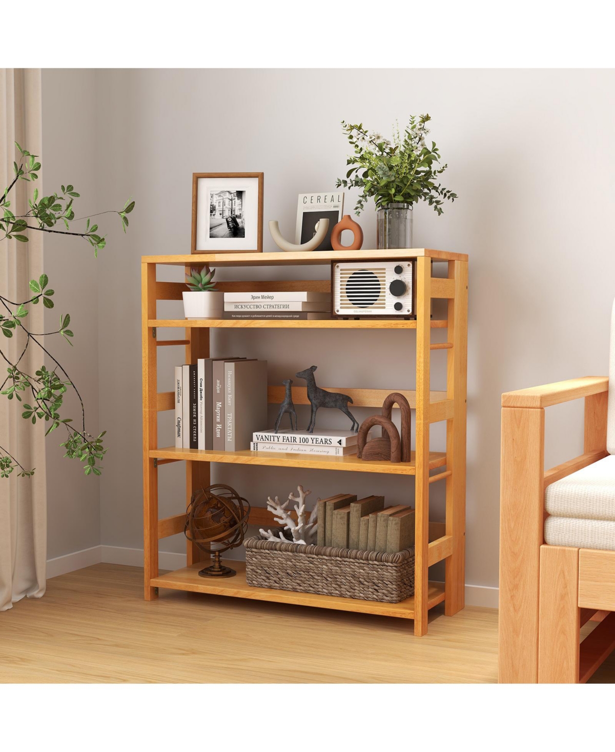 4-Tier Bookshelf Rubber Wood Bookcase with Side Fences for Living Room