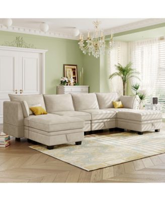 Modern Large 6 Pc. Linen Upholstered Wood Convertible Storage U-Shape Sectional Sofa Bed with Reversible Chaise