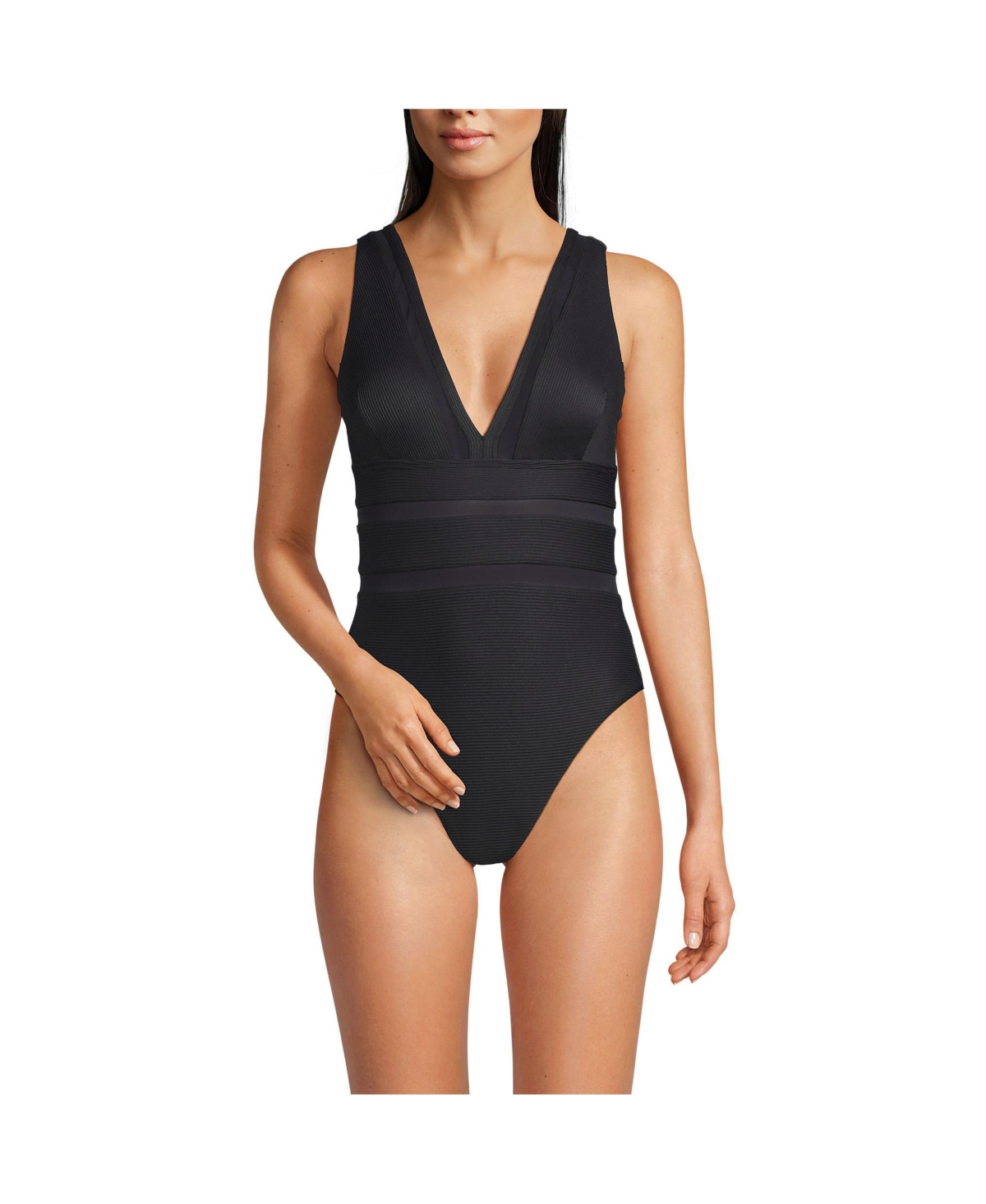 Women's Mesh Ribbed Plunge High Leg One Piece Swimsuit - Black ottoman