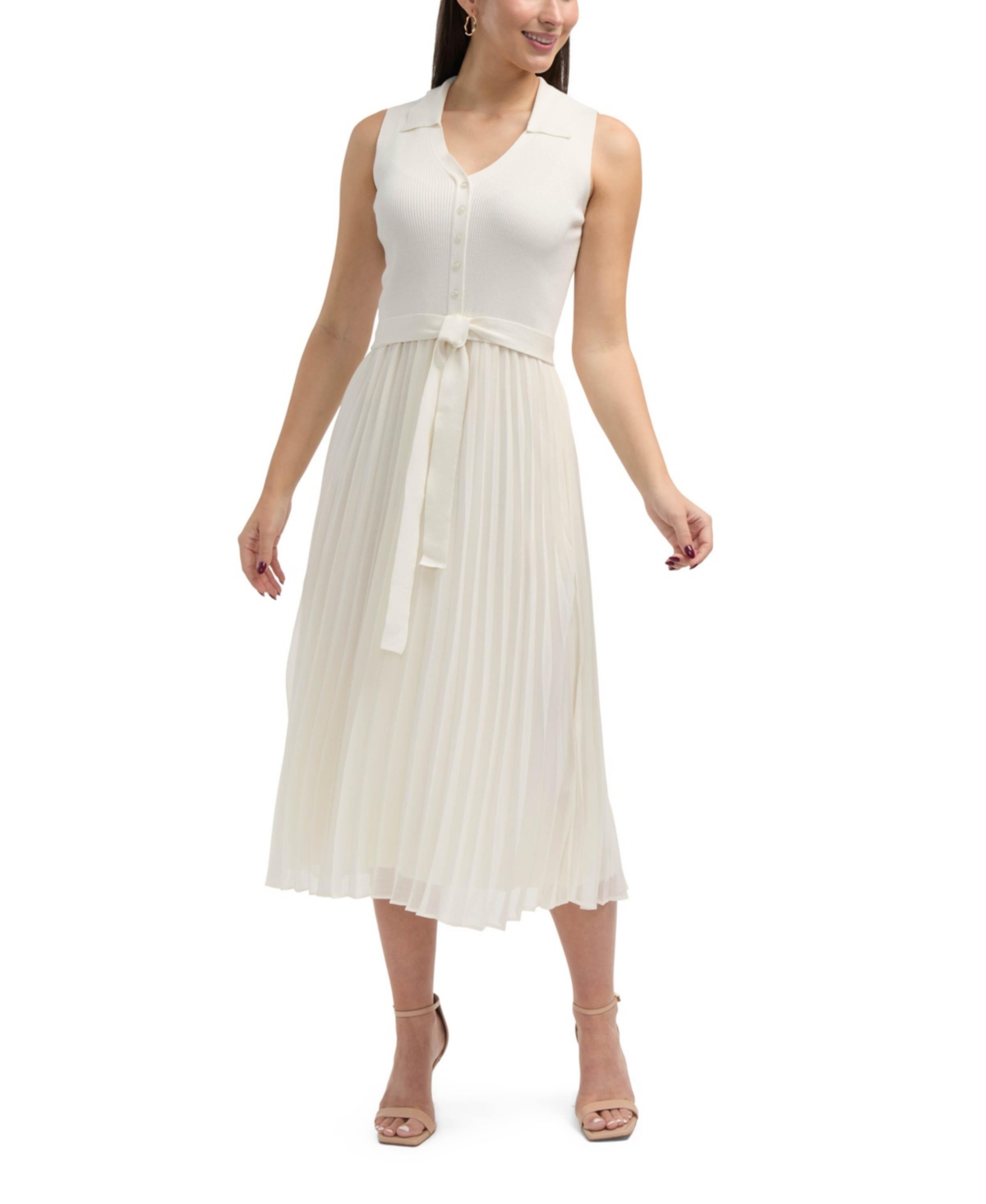 Women s Sleeveless Mix Media Pleated Dress - Marshmallow
