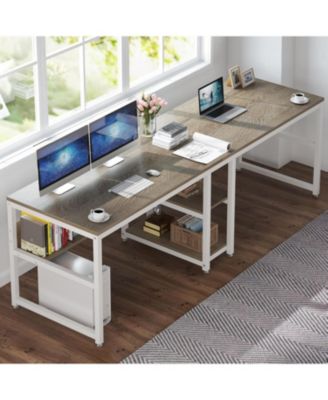 78.7 Computer Office Double Desk for Two Person, Writing Desk Workstation with Shelf for Home Office, Grey