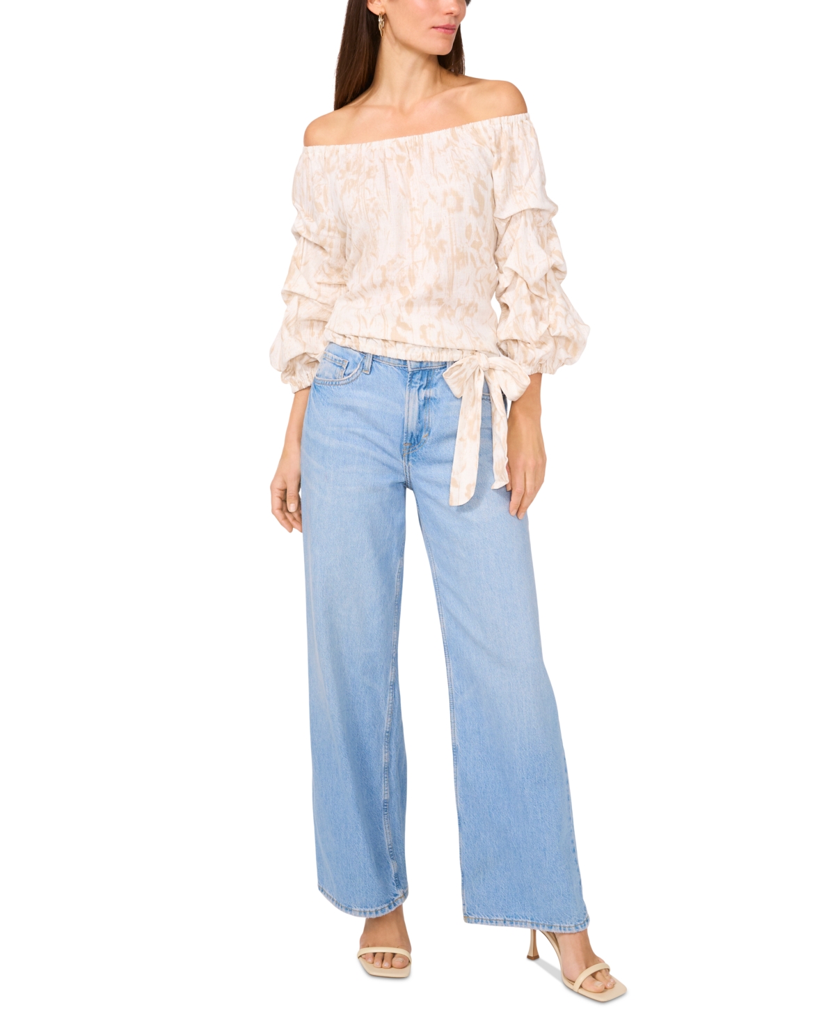 VINCE CAMUTO WOMEN'S PRINTED LINEN-BLEND OFF-THE-SHOULDER BUBBLE 3/4-SLEEVE TIE-FRONT BLOUSE 