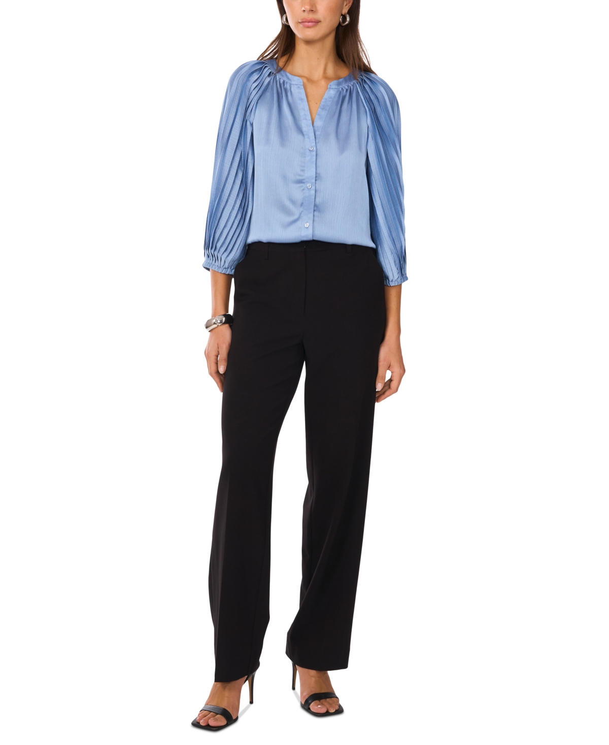 VINCE CAMUTO WOMEN'S SATIN PLEATED-SLEEVE SPLIT-NECK TOP 