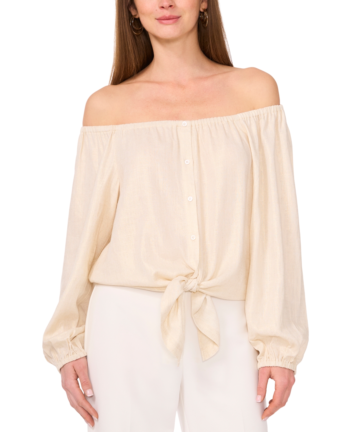 VINCE CAMUTO WOMEN'S OFF-THE-SHOULDER TIE-HEM BUTTON-FRONT TOP 