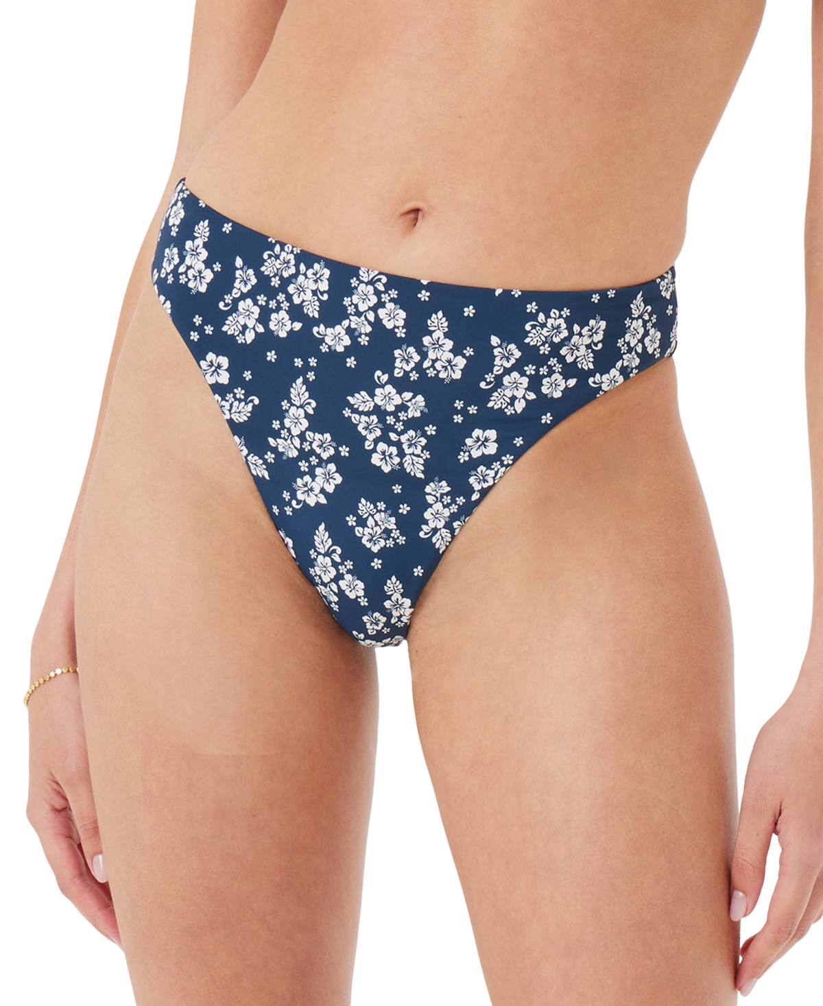 Juniors' Hibiscus Haven High Leg Bikini Bottoms - Navy