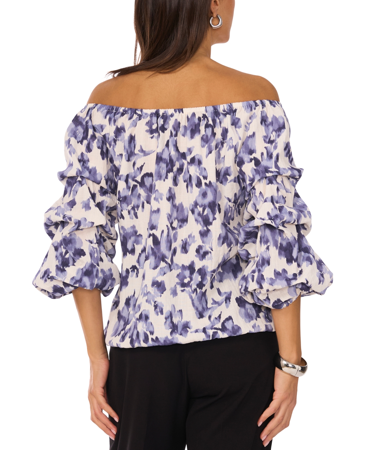 VINCE CAMUTO WOMEN'S FLORAL OFF-THE-SHOULDER BUBBLE 3/4-SLEEVE TIE-FRONT BLOUSE 