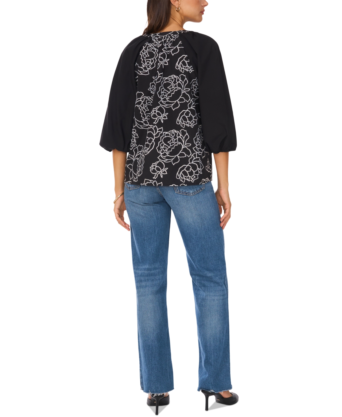 VINCE CAMUTO WOMEN'S RAGLAN-SLEEVE EMBROIDERED BUTTON-FRONT TOP 