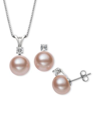 2-Pc. Set Dyed Black Peacock Cultured Freshwater Pearl (9-10mm) & Lab-Created White Sapphire (1/3 ct. t.w.) Pendant Necklace & Stud Earrings in Sterling Silver (Also in Blush Pink Freshwater Pearl)