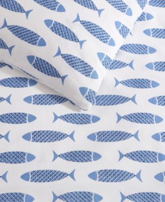Woodblock Fish Percale 2-Pc. Duvet Cover Set, Twin