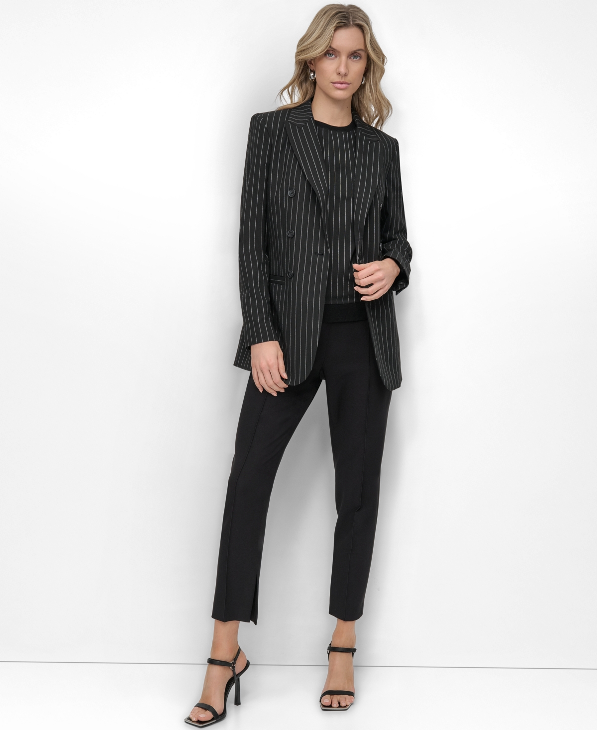 Shop Dkny Women's Pinstripe Double-breasted Peak-lapel Blazer In Black,ivory Stripe