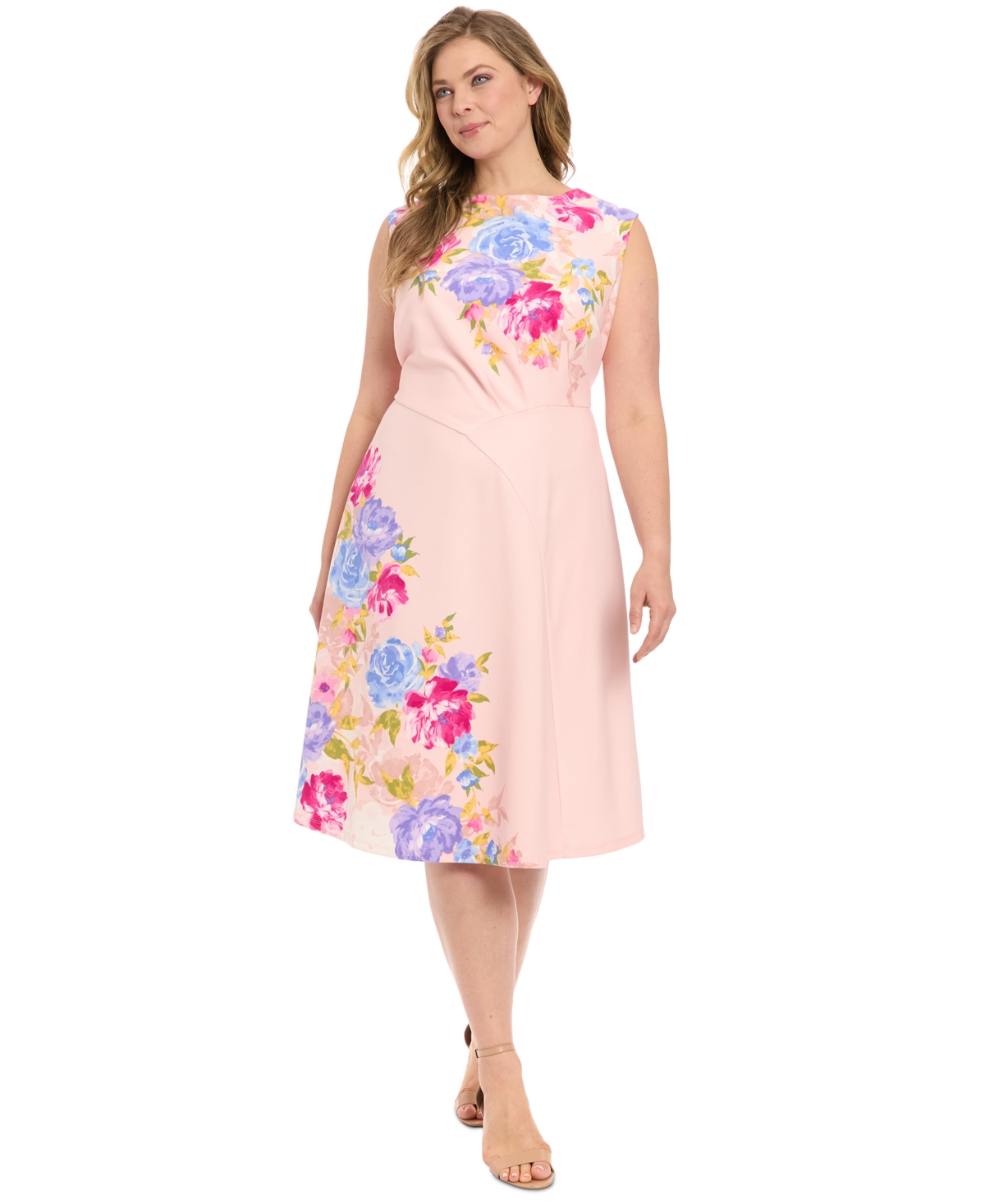 London Times Plus Size Placed Floral-print Sleeveless Midi Dress In Pink Berry