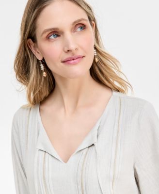 売れ筋商品|||ジェイエムコレクション カットソー トップス レディース Women's Printed Linen Blend Split-Neck Top, Exclusively at Macy's Bright White Combo JM Collection Women's Printed Split-Neck Top, Exclusively at