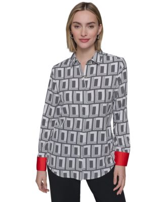 KARL LAGERFELD PARIS - Women's Geo-Print Contrast-Cuff Blouse