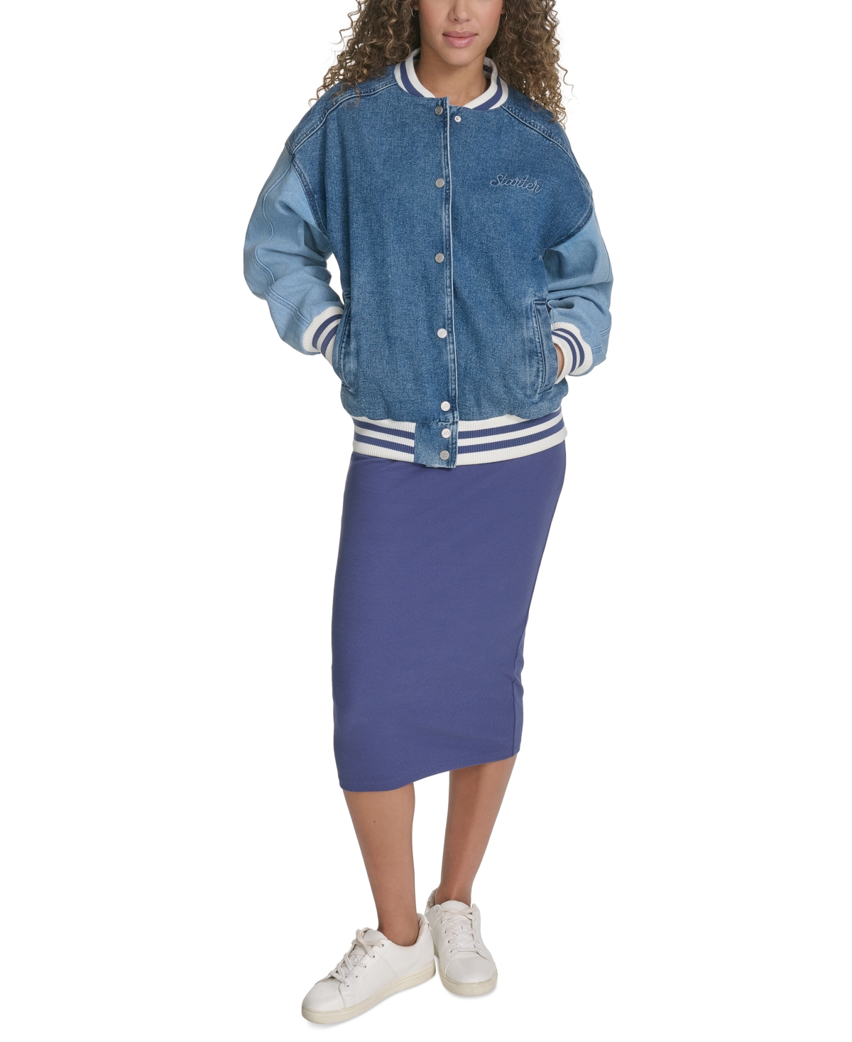 Women's Colorblocked Denim Varsity Jacket - Mixed Wash