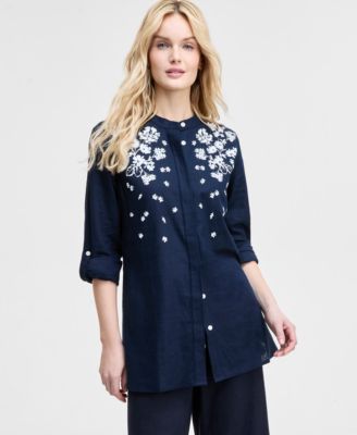 Tommy Hilfiger Womens Floral Puff Print Tunic Wide Leg Pants In Sky Captain