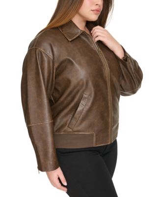 Plus Size Faux Leather Dad Bomber Jacket