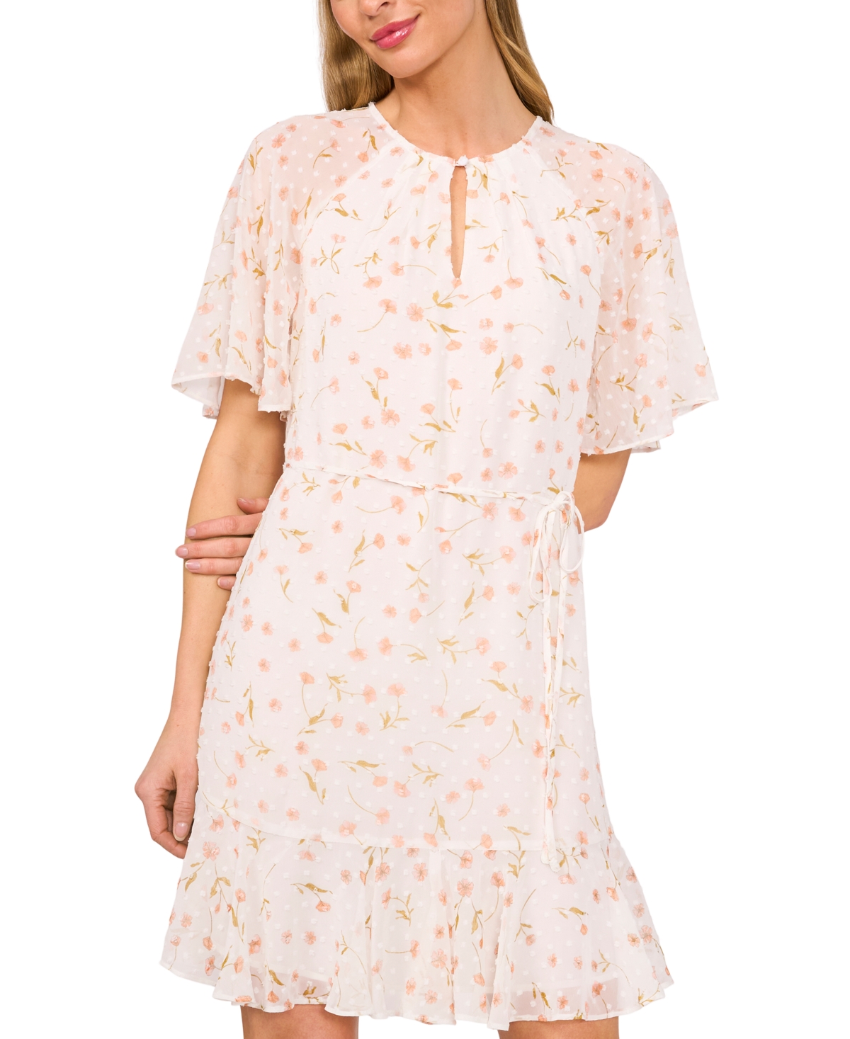 Cece Women's Floral Clip-dot Flutter-sleeve Dress In New Ivory